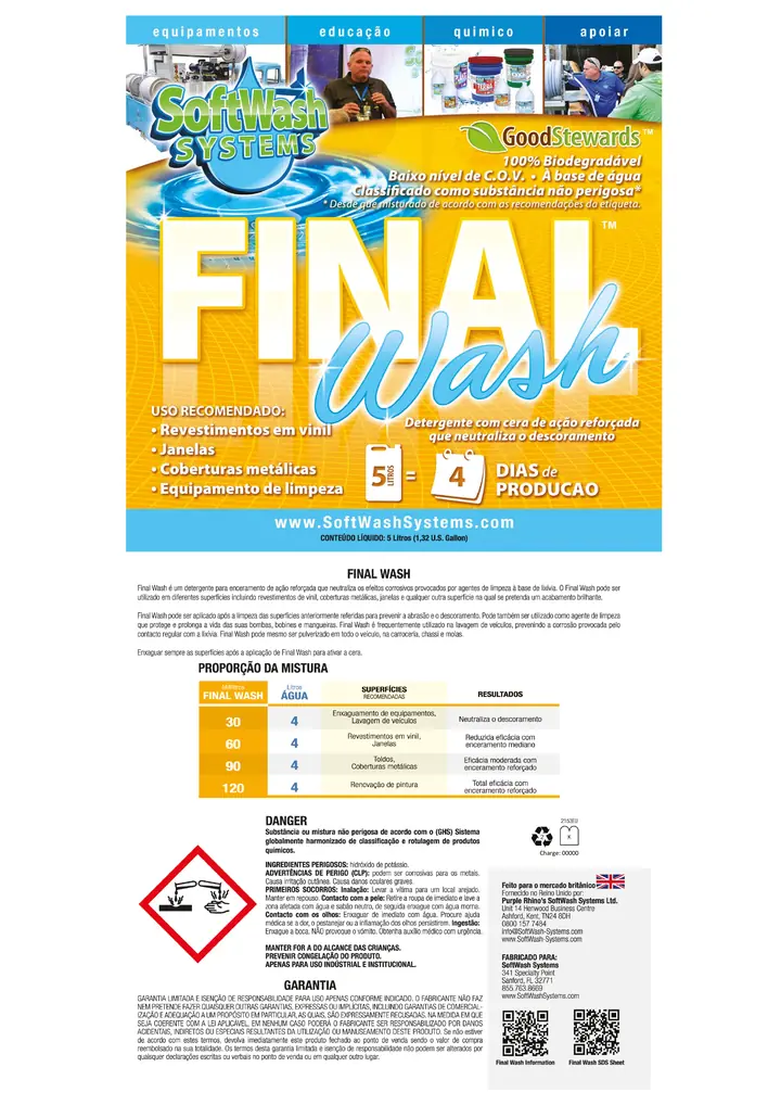 Miniatura da ficha técnica oficial de Final Wash, rótulo SoftWash Systems em português