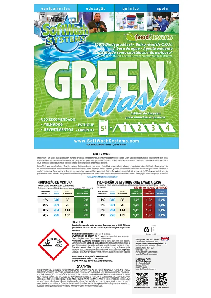 Miniatura da ficha técnica oficial de Green Wash, rótulo SoftWash Systems em português