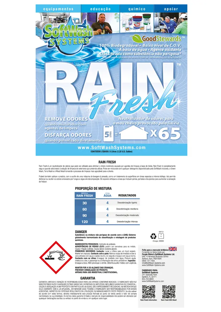 Miniatura da ficha técnica oficial de Rain Fresh, rótulo SoftWash Systems em português