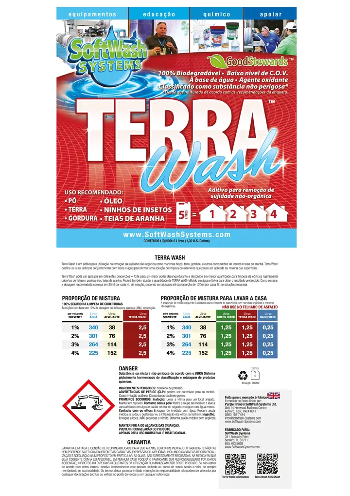 Miniatura da ficha técnica oficial de Terra Wash, rótulo SoftWash Systems em português