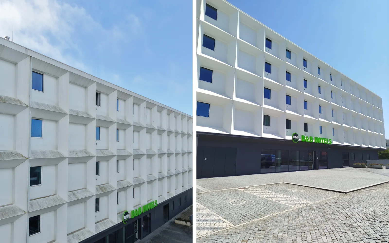 Comparação da fachada branca do Hotel B&B Vila do Conde, com parapeitos cheios de verdete e sujidade escura antes da lavagem e a fachada lavada ao lado