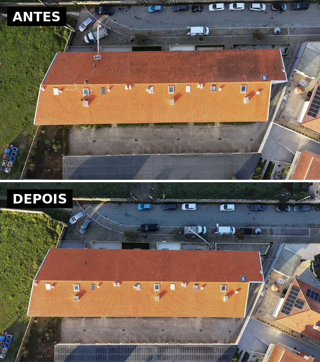 Antes e depois da limpeza do telhado de um condomínio na Póvoa de Varzim, vista de drone