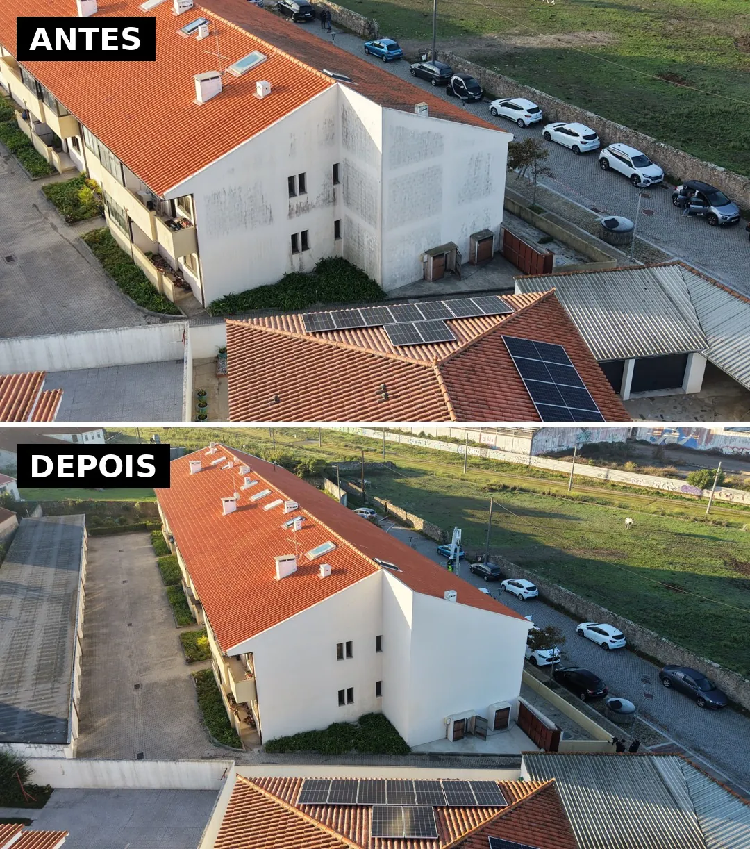 Antes e depois da empena com painéis de um condomínio na Póvoa de Varzim, vista de drone