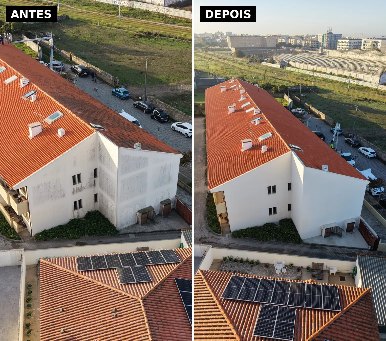 Antes e depois da empena de um condomínio na Póvoa de Varzim, vista vertical de drone