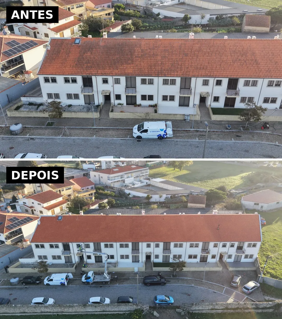 Antes e depois da frente de um condomínio na Póvoa de Varzim, com o telhado e as fachadas
