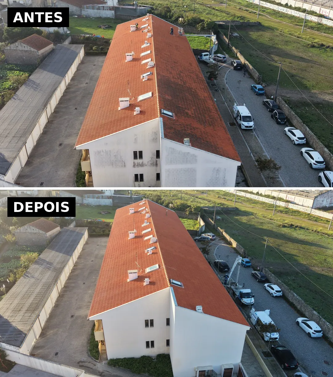 Antes e depois da fachada lateral e das garagens de um condomínio na Póvoa de Varzim, vista de drone