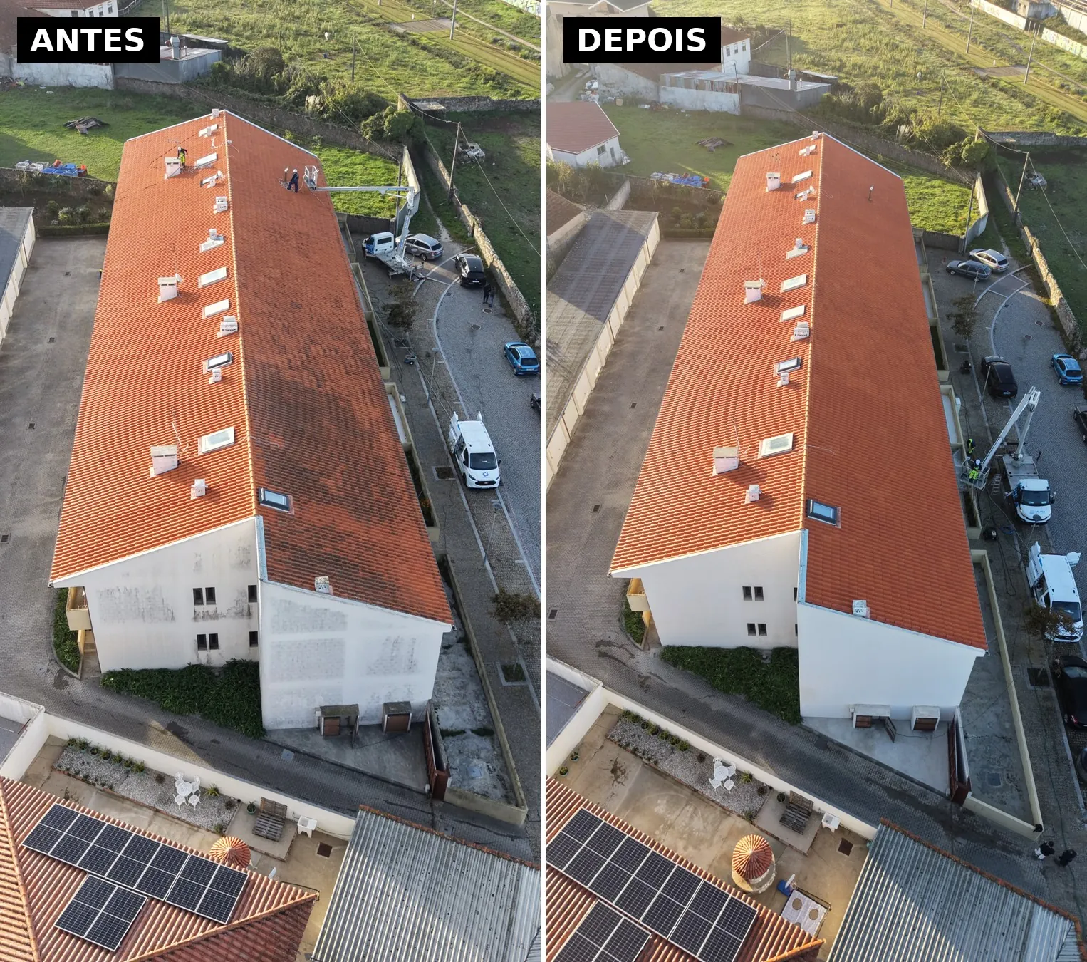 Antes e depois da limpeza do telhado de um condomínio na Póvoa de Varzim, vista vertical de drone