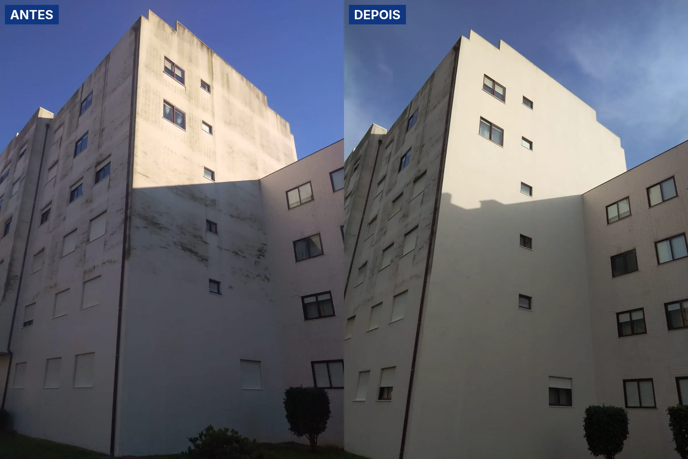 Antes e depois da lavagem SoftWash da empena de um condomínio na Senhora da Hora, em Matosinhos, com manchas escuras de sujidade biológica
