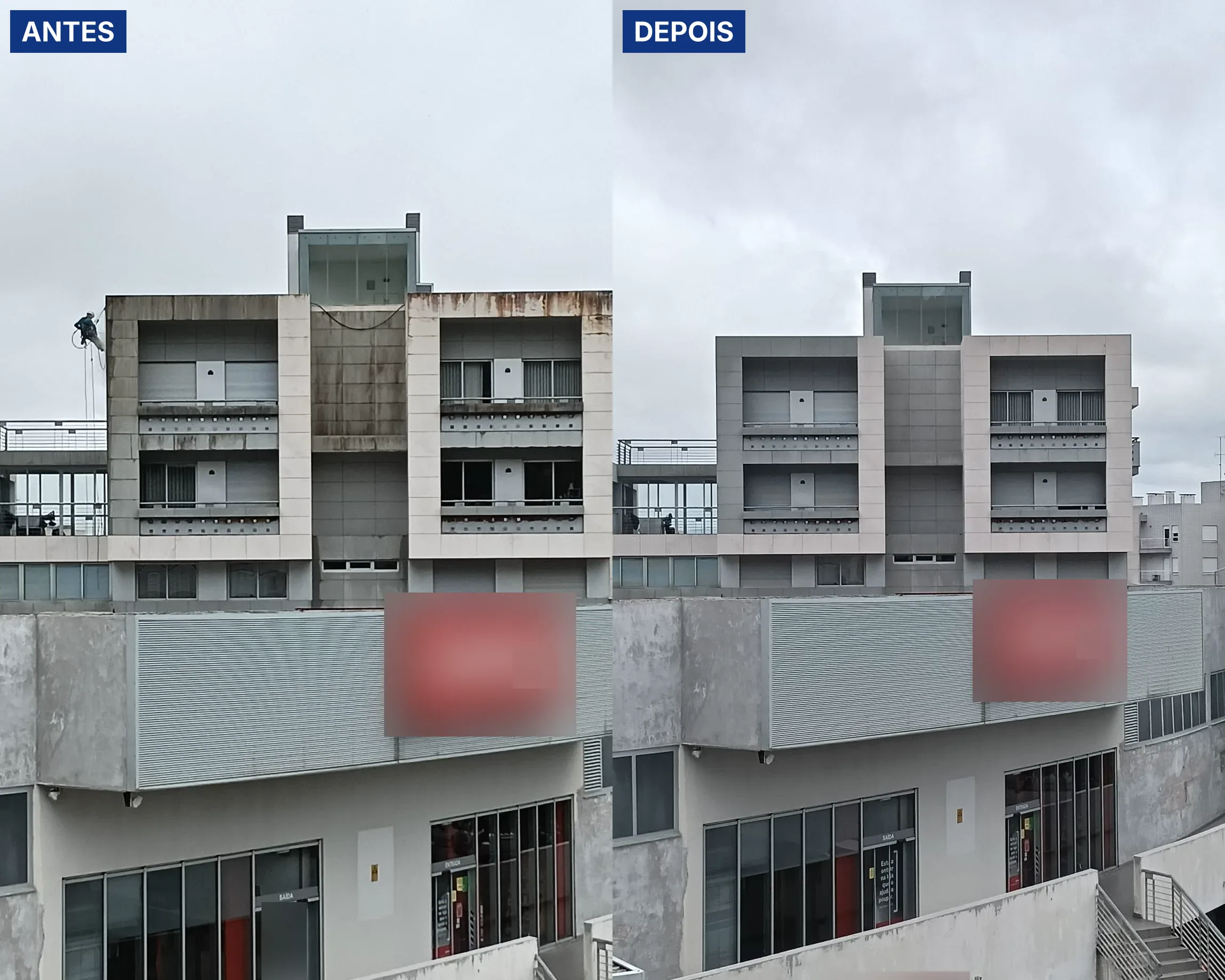 Antes e depois da lavagem SoftWash da fachada clara de um edifício de condomínio em Viana do Castelo, com escorrências e manchas escuras