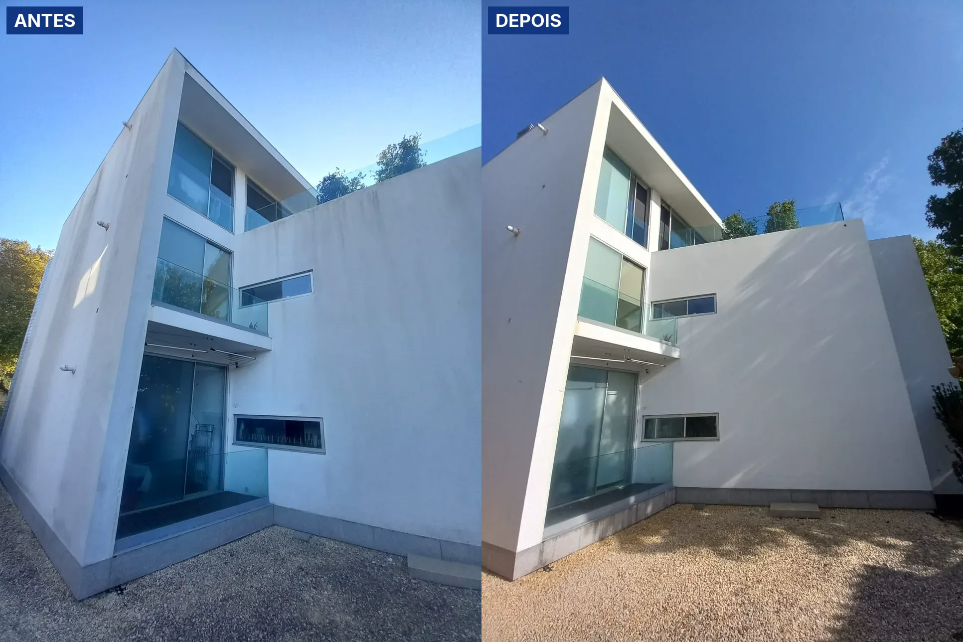 Antes e depois da lavagem SoftWash de uma fachada branca e de escadas exteriores de um condomínio de moradias no Porto