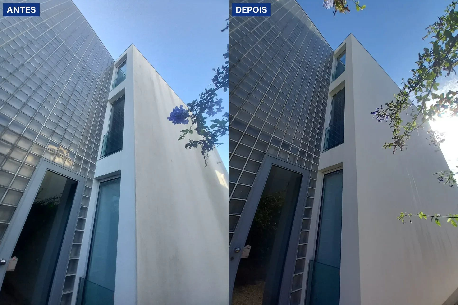 Antes e depois da lavagem SoftWash da fachada branca de um condomínio de moradias no Porto, com manchas escuras