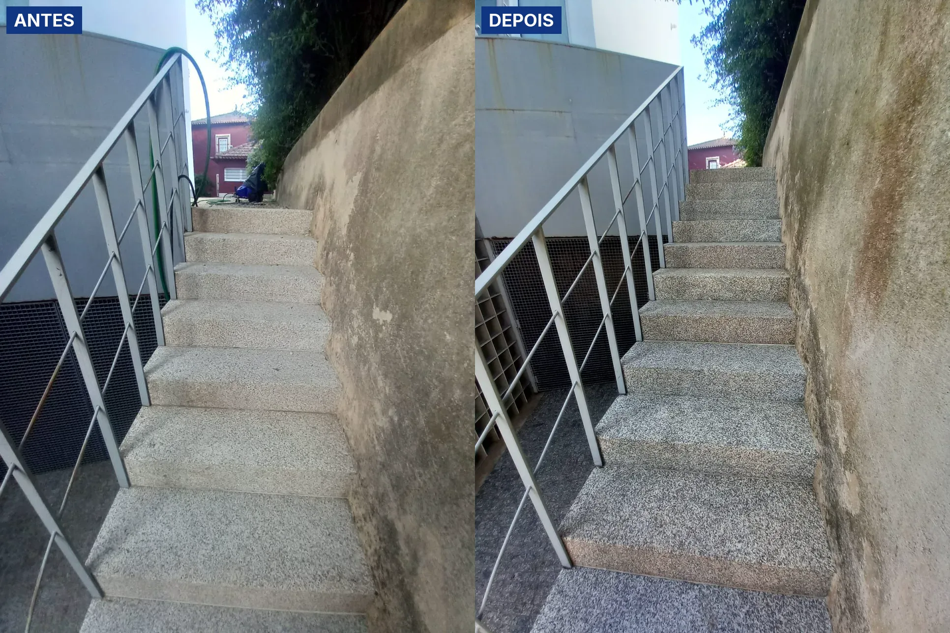 Antes e depois da lavagem SoftWash de uma fachada branca com pilares e portão, num condomínio de moradias no Porto