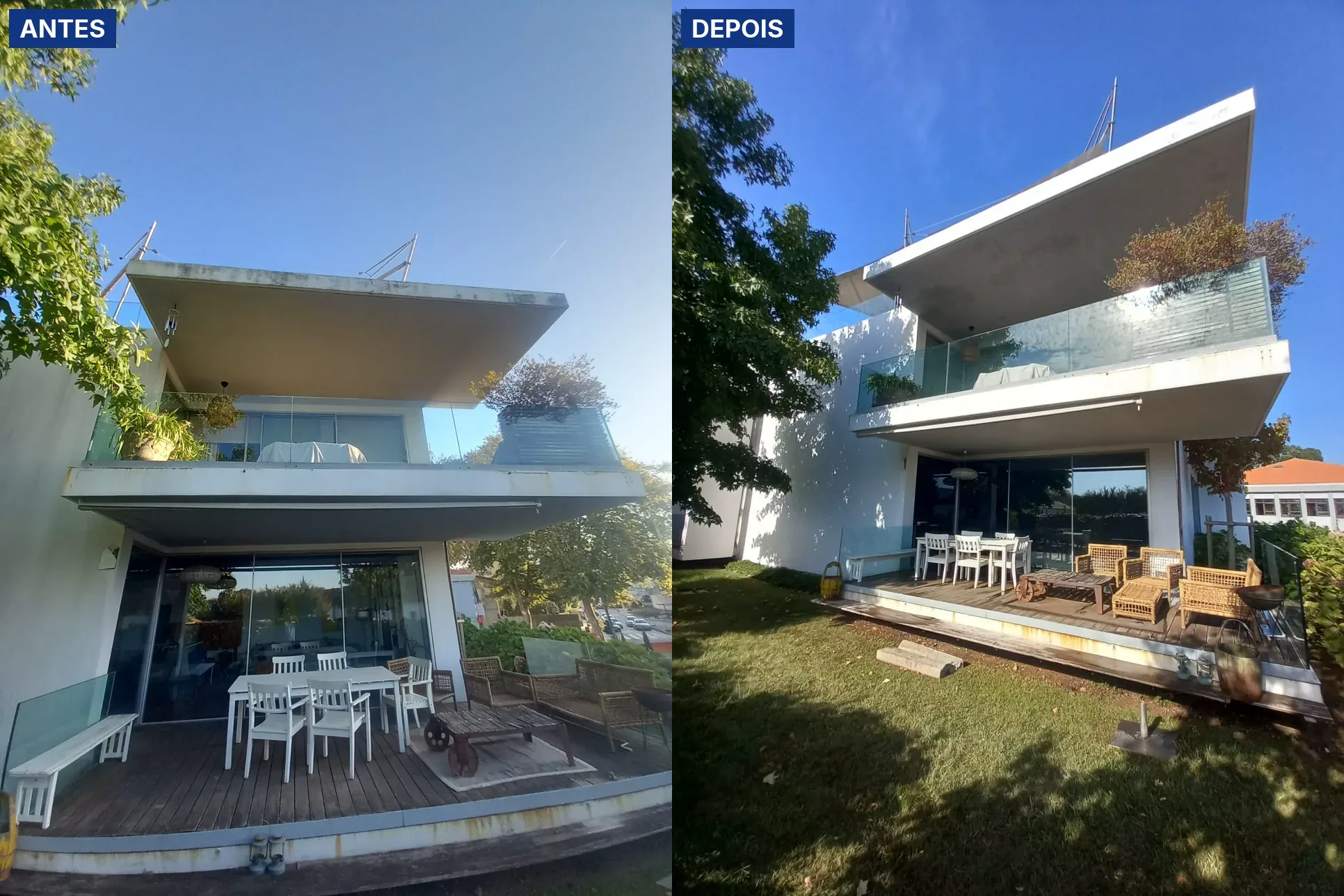 Antes e depois da lavagem SoftWash de um muro branco e de escadas exteriores de um condomínio de moradias no Porto