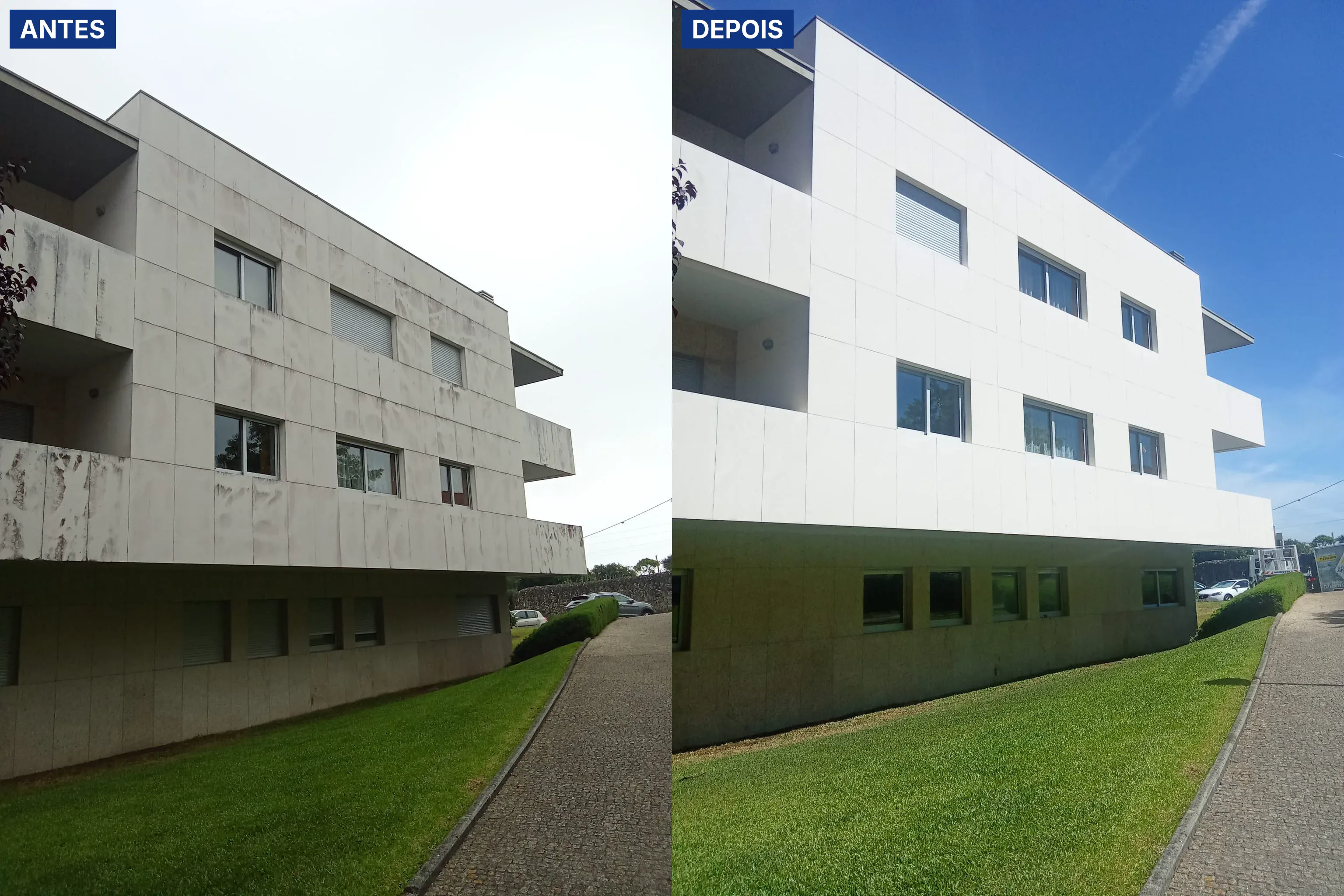 Antes e depois da lavagem SoftWash de uma fachada clara em painel e pedra de um condomínio em Viana do Castelo, com escorrências escuras