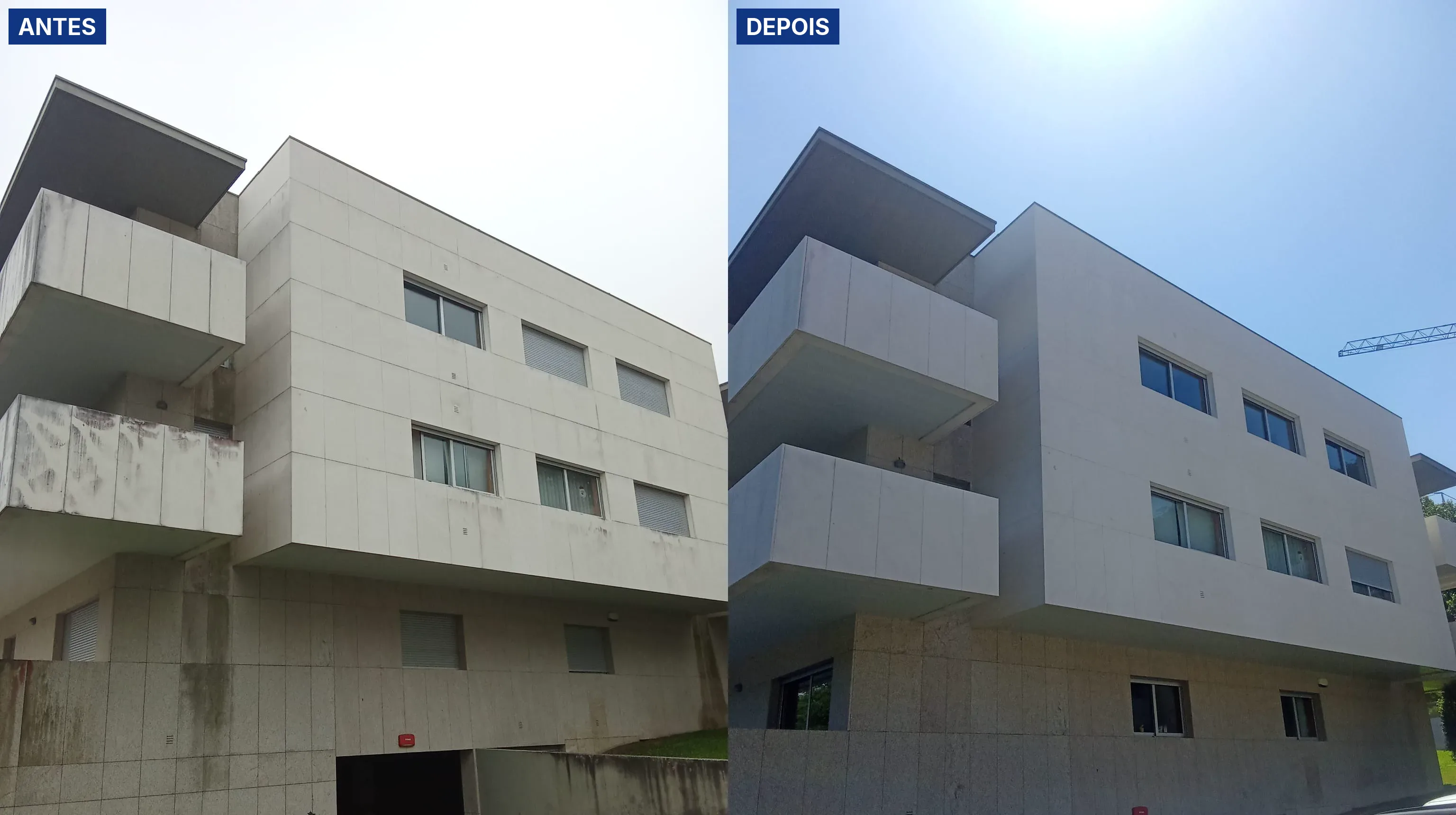 Antes e depois da lavagem SoftWash de uma fachada clara de condomínio em Viana do Castelo, com escorrências escuras ao longo da parede