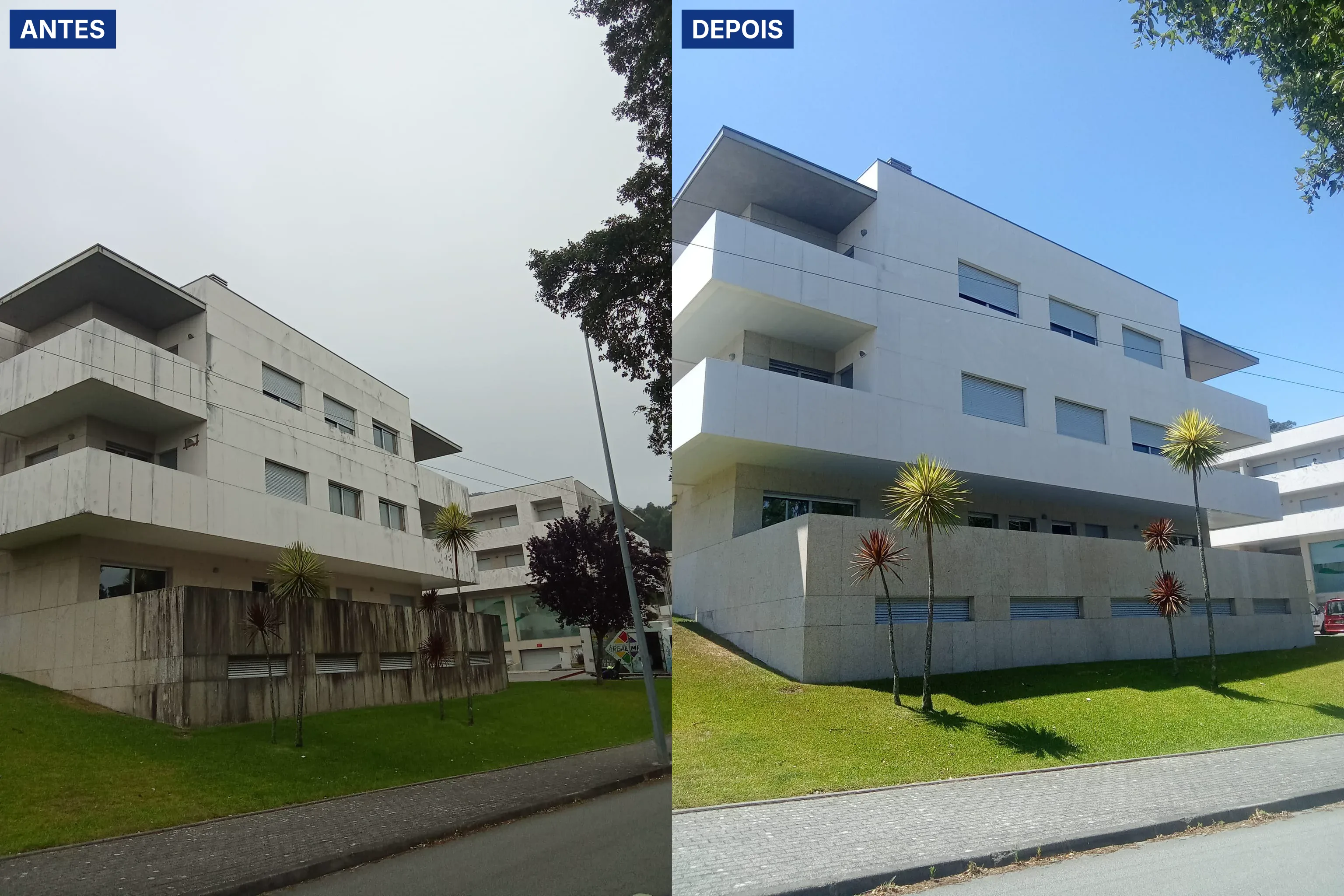 Antes e depois da lavagem SoftWash de uma fachada clara de condomínio em Viana do Castelo, com manchas e escorrências