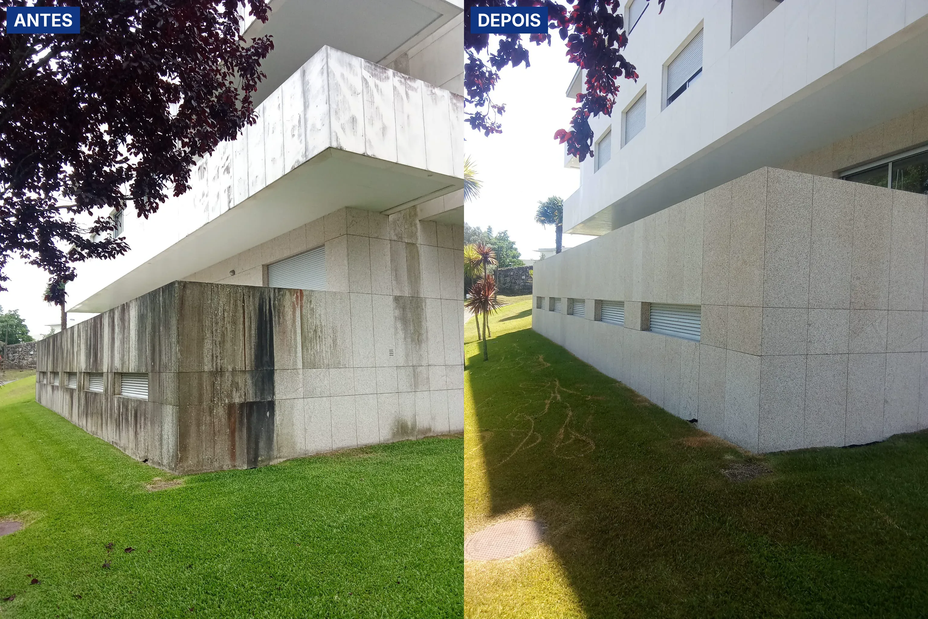 Antes e depois da lavagem SoftWash de uma fachada clara de condomínio em Viana do Castelo, com manchas escuras de sujidade biológica