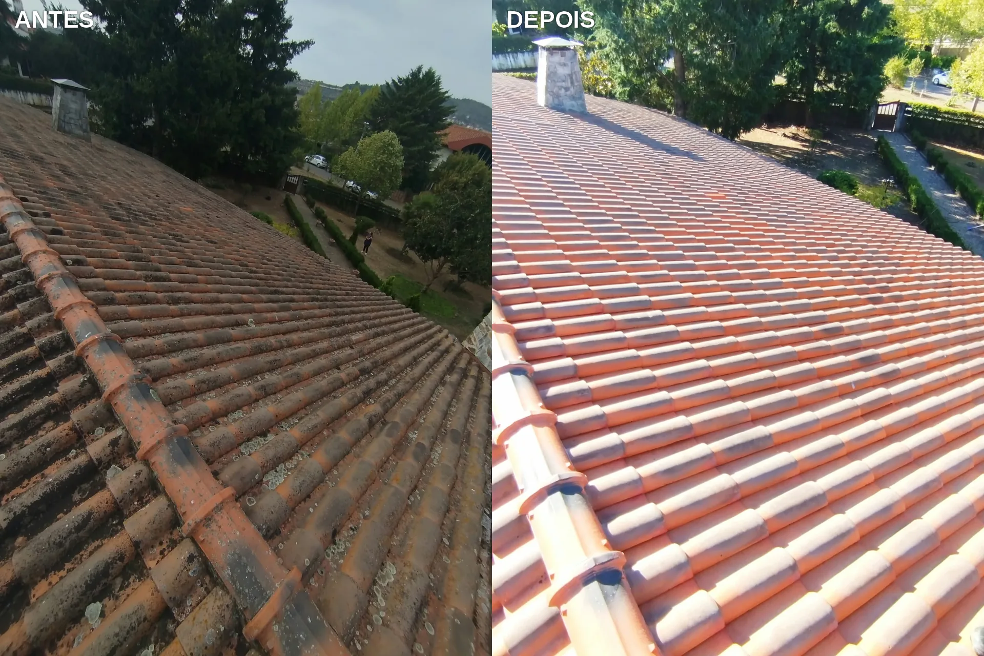 Antes e depois da lavagem SoftWash e do hidrófugo no telhado principal com chaminé, em Bragança