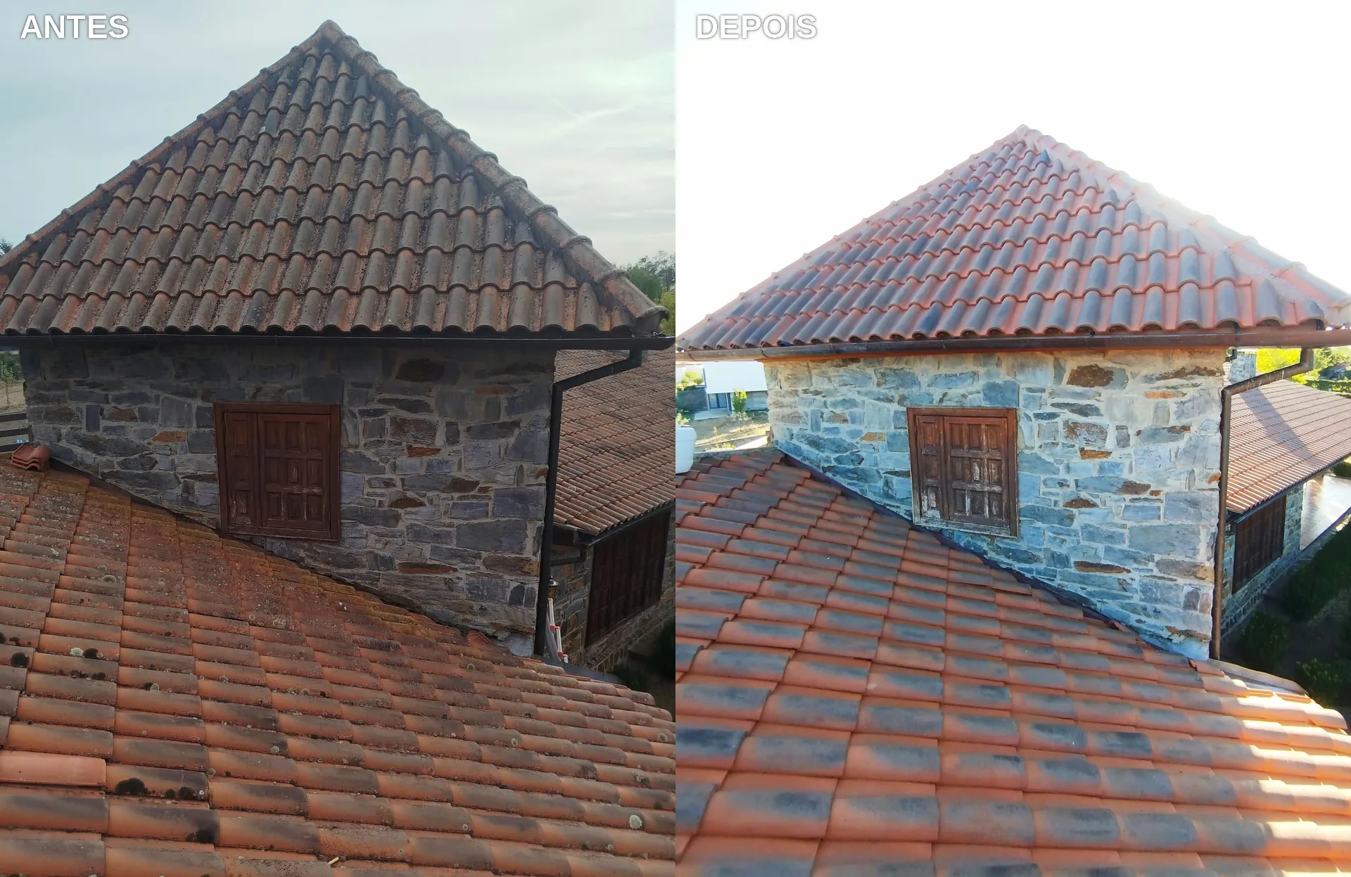 Antes e depois da lavagem SoftWash e do hidrófugo na torre pequena de uma casa em Bragança, vista do telhado