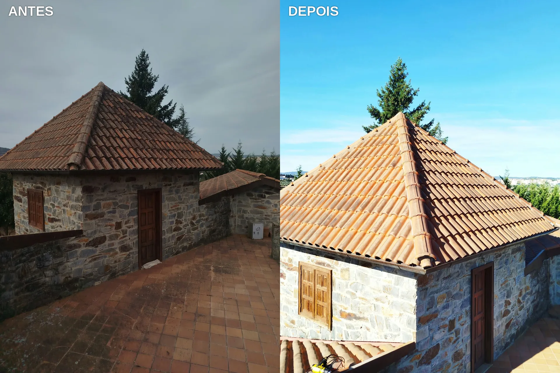 Antes e depois da lavagem SoftWash e do hidrófugo na torre pequena de uma casa em Bragança, vista do terraço