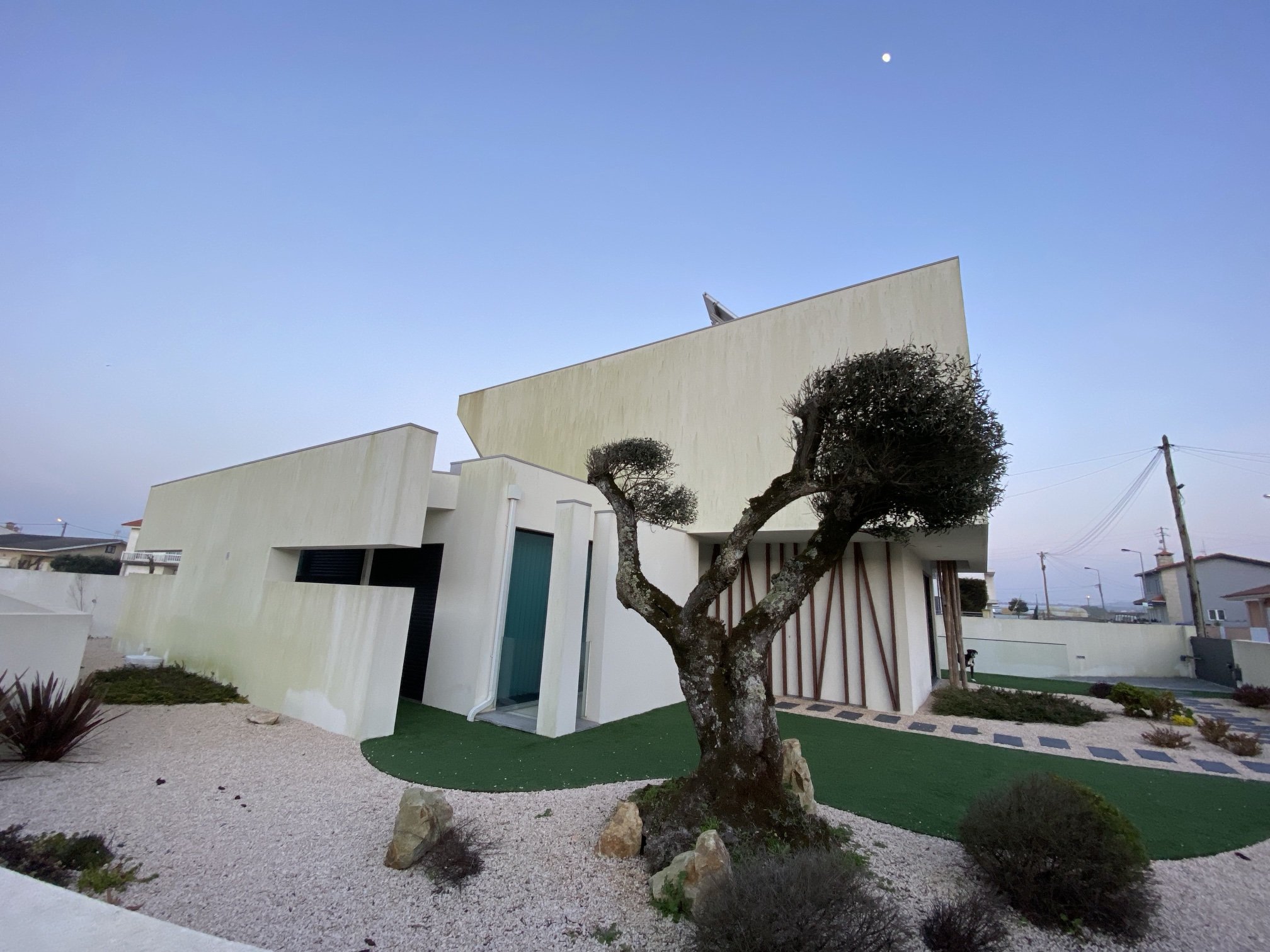 Entrada da moradia em Aguçadoura com oliveira e paredes manchadas de algas antes da limpeza