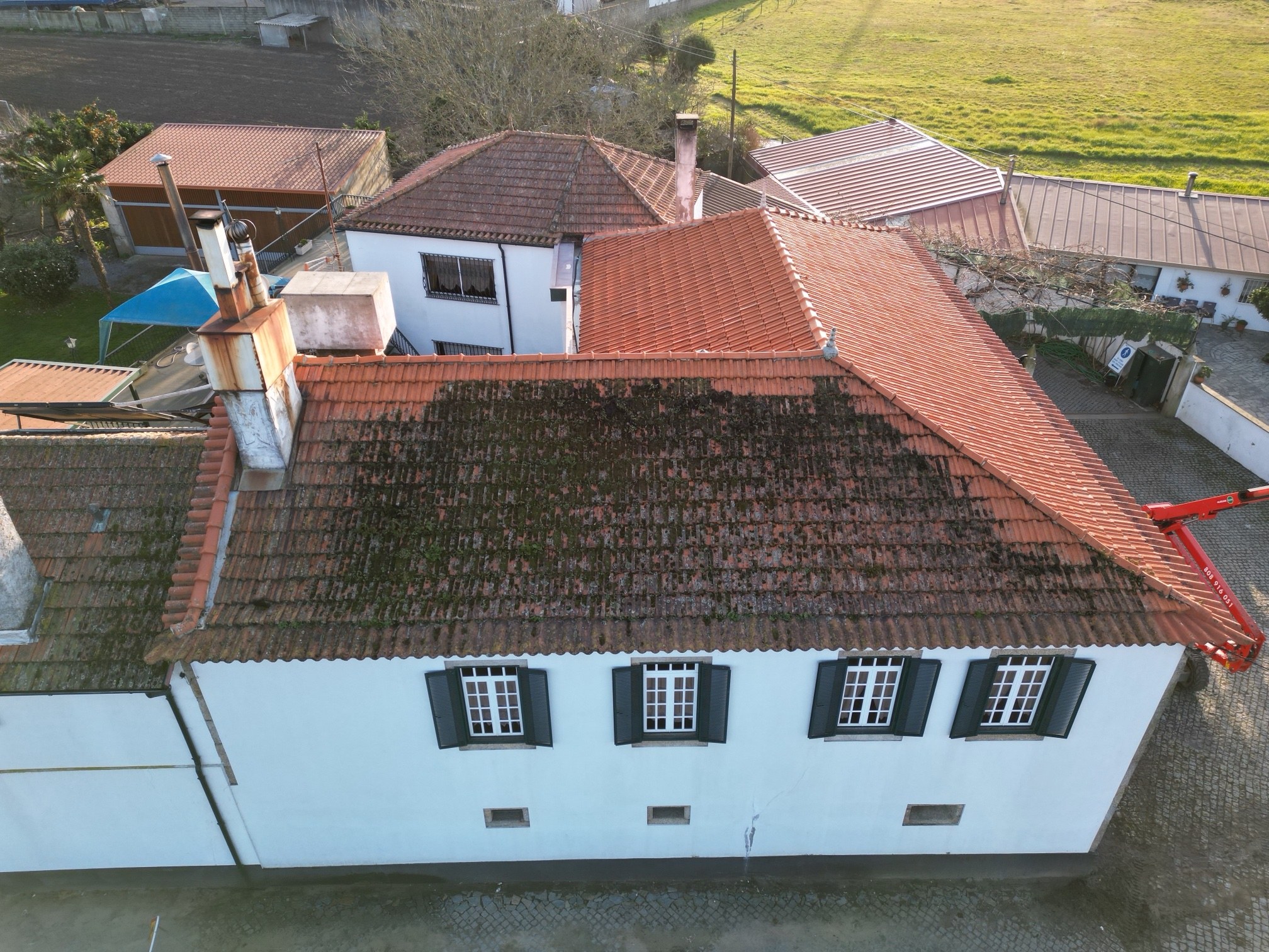 Telhado de moradia na Póvoa de Varzim com musgo e líquenes numa das águas antes da limpeza