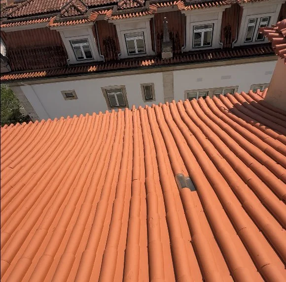 Água do telhado da Santa Casa de Leiria pintada, com as fiadas de telha uniformes