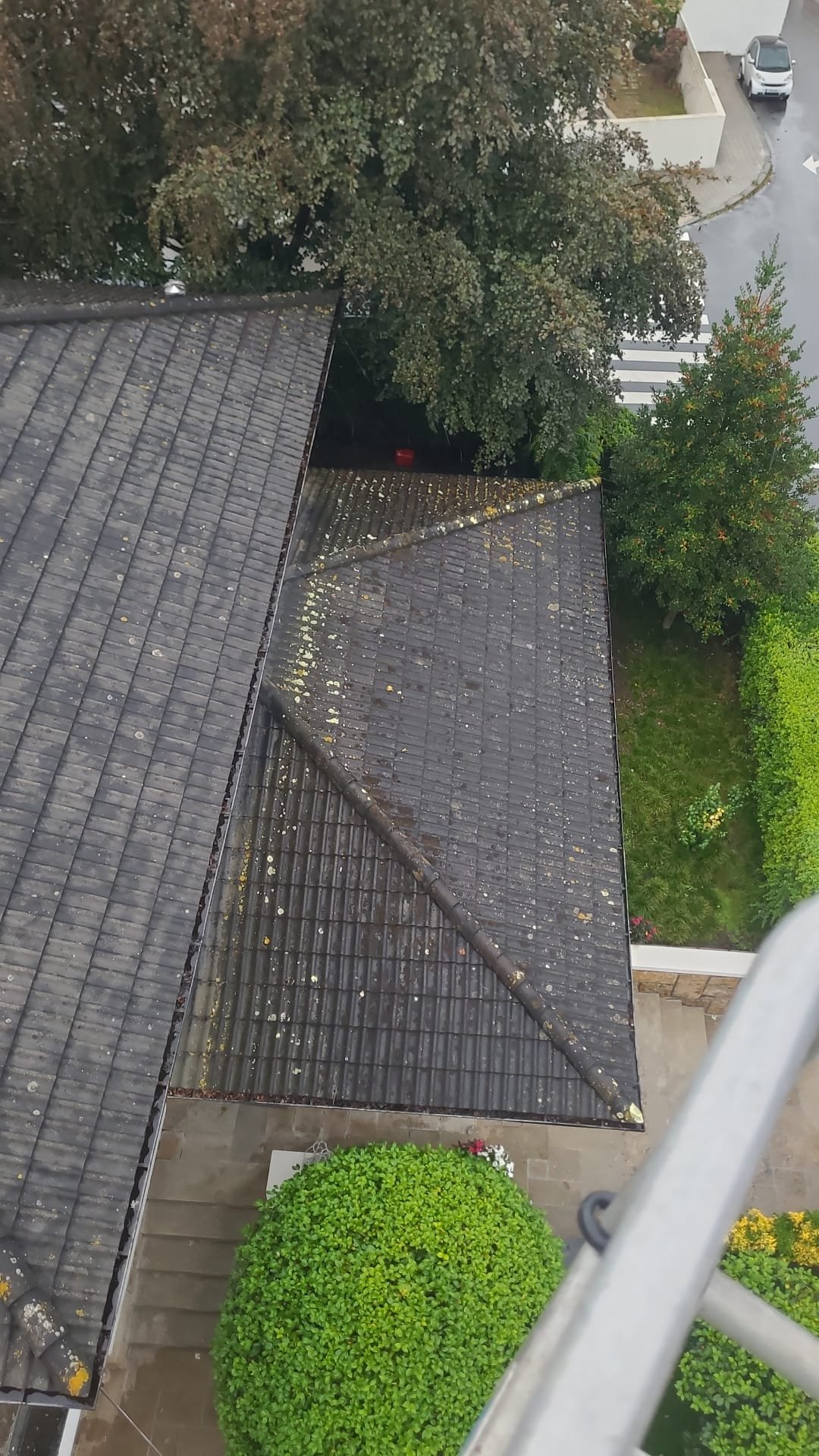 Telhado do anexo junto à rua com líquenes, visto da plataforma elevatória, no Porto
